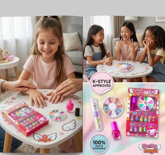Pretty Angel Kids Nail Art Set | Korean-Style Press-On False Nails with Cute & Flower Designs | Includes Washable Pink Nail Polish & 3D Rhinestone Charm Wheel | Safe pretend Play Makeup Gift for Girls