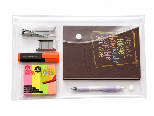 All-in-One School & Office Stationery Combo Set – Clear Plastic Button file with Office dairy, Highlighter, Sticky Notes, Pen, Stapler & Staples