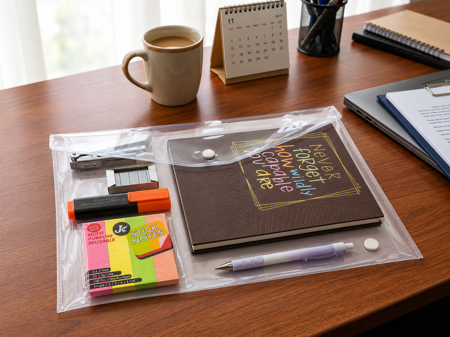 All-in-One School & Office Stationery Combo Set – Clear Plastic Button file with Office dairy, Highlighter, Sticky Notes, Pen, Stapler & Staples