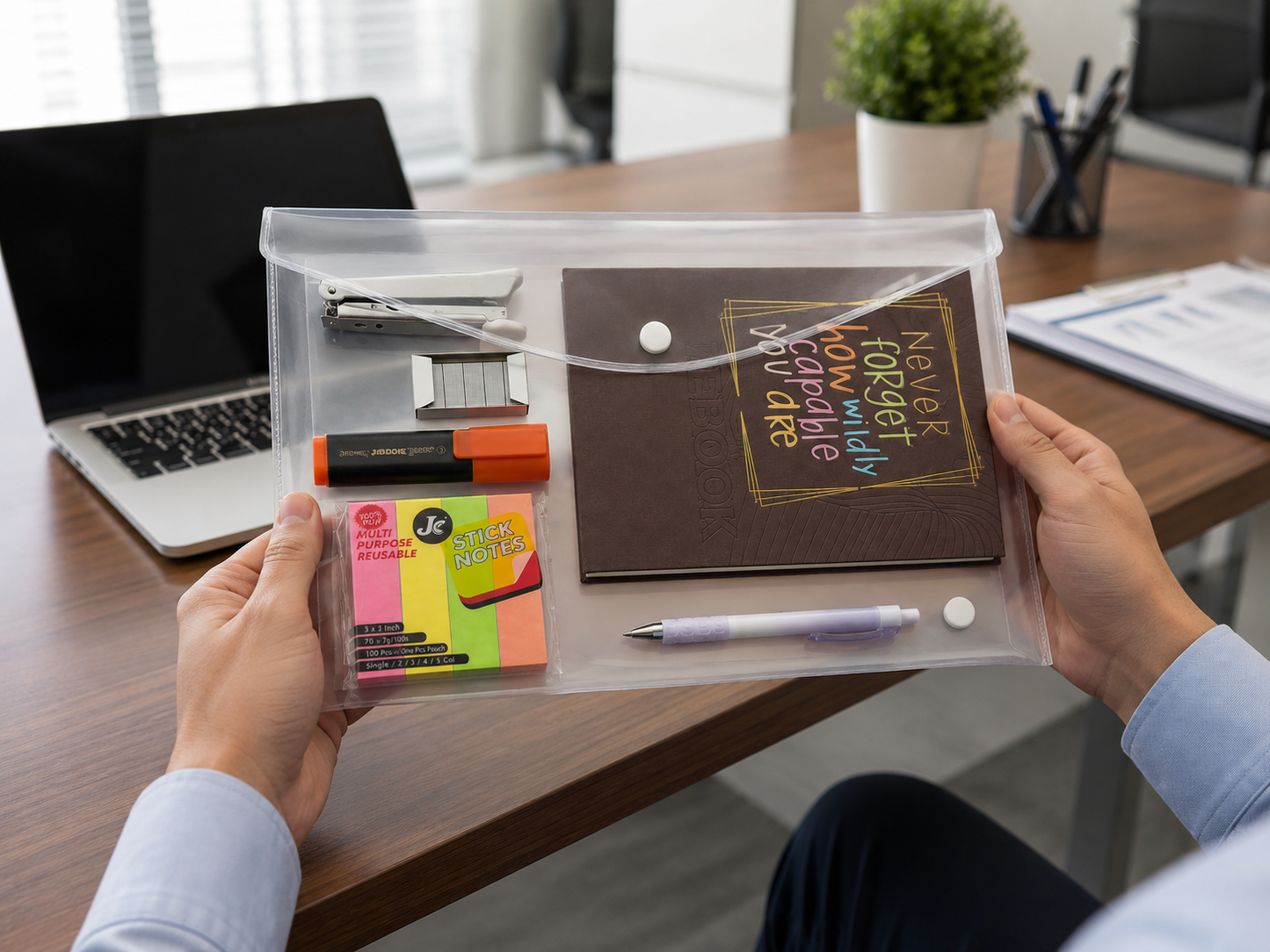 All-in-One School & Office Stationery Combo Set – Clear Plastic Button file with Office dairy, Highlighter, Sticky Notes, Pen, Stapler & Staples
