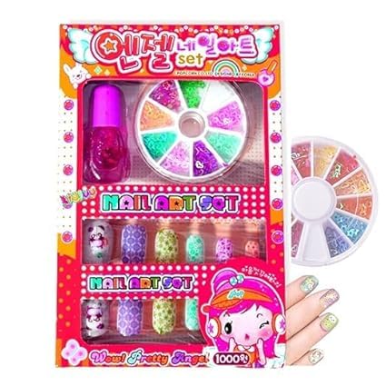 Pretty Angel Kids Nail Art Set | Korean-Style Press-On False Nails with Cute  & Flower Designs | Includes Washable Pink Nail Polish & 3D Rhinestone Charm Wheel | Safe pretend Play Makeup Gift for Girls